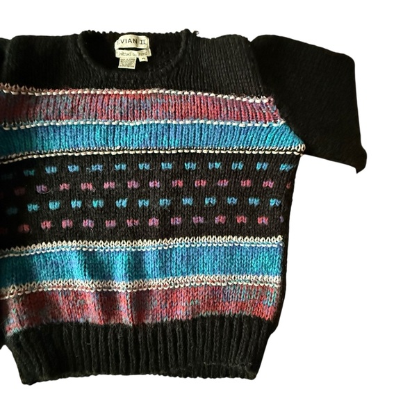 Evian II Hand Knit Vintage 80s Acrylic Black Pink Chunky Pullover Sweater Medium - Picture 3 of 8